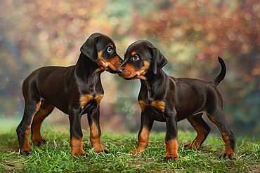 AI generated image of Two cute Dobermann pinscher pups playing together