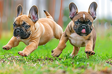 AI generated image of Two cute French Bulldog pups playing and running together in the grass