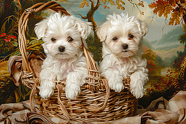 AI generated image of Two cute Maltese pups sitting in a wicker basket