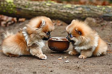 AI generated image of Two cute Pomeranian pups eating in a bowl