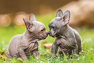 AI generated image of Two cute Mexican Hairless pups seated and looking at each other