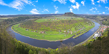 Panoramic view over the Elbe River meander from the Konigstein fortress on top of the Elbe sandstone mountains, Konigstein, Saxony, Germany, Europe