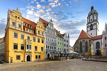 Historical Marktapotheke pharmacy and Late gothic Church of our Lady, Market square, Meissen, Saxony, Germany, Europe