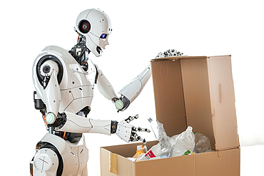 AI generated image of a Futuristic humanoid robot disposing of plastic bottles in a cardboard box in the idea of recycling