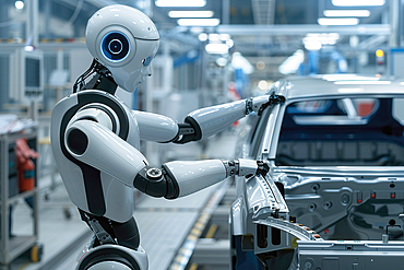 AI generated image of a Futuristic humanoid robot working in a car assembly production line