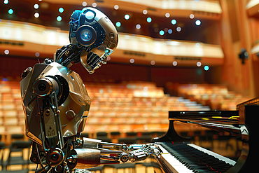 AI generated image of a Humanoid robot playing piano in a concert hall