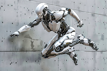 AI generated image of a Humanoid robot practising parkour in an urban environment