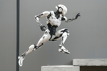 AI generated image of a Humanoid robot practising parkour in an urban environment