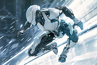 AI generated image of a Humanoid robot running and jumping over ice