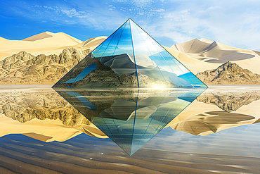 AI generated image of a Cristal pyramid reflecting in water in the desert