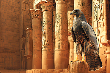 AI generated image of a Falcon head God Horus in front of temple columns