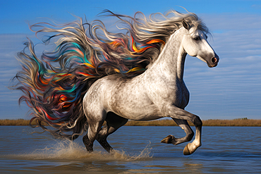 White horse with a flamboyant mane galloping in the water, AI generated