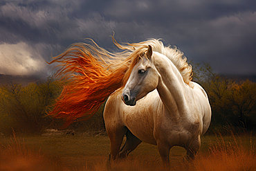 White horse with a flamboyant mane, AI generated