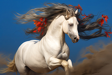 AI generated image of White horse with flowered mane