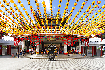 Thean Hou Temple to the Goddess Mazu with red and yellow chinese lanterns, Kuala Lumpur, Malaysia, Asia
