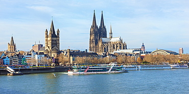 Great Saint Martin Church and Cologne Cathedral, Cologne (Koln), North Rhine Westphalia, Germany, Europe