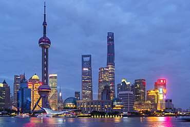 Pudong financial district skyline at night, Shanghai, China, Asia