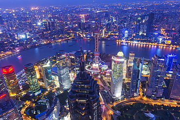 View over Pudong financial district at night, Shanghai, China, Asia