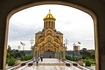 Holy Trinity Cathedral viewed through arches, Tbilisi, Georgia, Caucasus, Asia