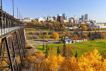 View of the Edmonton Skyline and the High Level Bridge in autumn, Edmonton, Alberta, Canada, North America