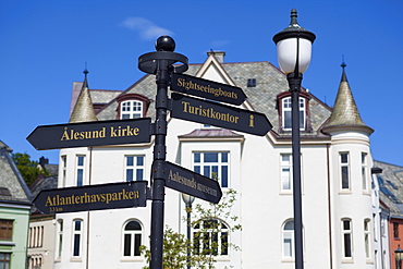 Jugendstil architecture and street sign, Alesund, Sunnmore, More og Romsdal, Norway, Scandinavia, Europe