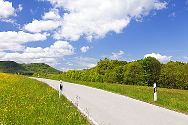 Road through a landscape with spring meadow, Swabian Alb, Baden Wurttemberg, Germany, Europe 