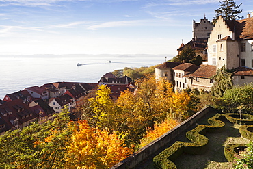 View from the terrace of the New Castle to the Old Castle and Lake Constance, Meersburg, Lake Constance (Bodensee), Baden Wurttemberg, Germany, Europe 