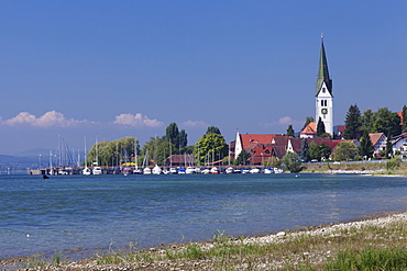 Lakeside with church and harbour with sailing boats, Sipplingen, Lake Constance (Bodensee), Baden Wurttemberg, Germany, Europe 