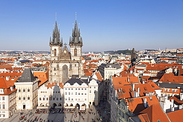 View over the Old Town Square (Staromestske namesti) with Tyn Cathedral (Church of Our Lady Before Tyn), Prague, Bohemia, Czech Republic, Europe