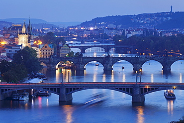 Bridges over the Vltava River including Charles Bridge, UNESCO World Heritage Site, and Old Town with Old Town Bridge Tower, Prague, Bohemia, Czech Republic, Europe 