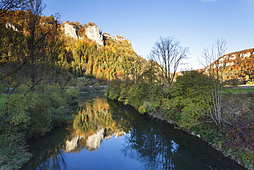 Schloss Werenwag Castle reflecting in Danube River, Danube Valley, Upper Danube Nature Park, Swabian Alb, Baden Wurttemberg, Germany, Europe