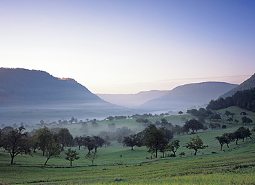 Early morning fog, Filstal Valley, Swabian Alb, Baden Wurttemberg, Germany, Europe