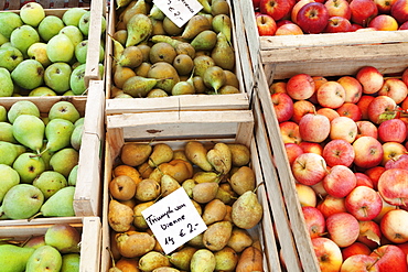 Apples and pears at a market stall, weekly market, market place, Esslingen, Baden Wurttemberg, Germany, Europe