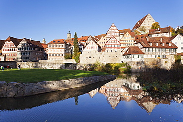 Half-timbered houses on the banks of the Kocher River, Schwaebisch Hall, Hohenlohe, Baden Wurttemberg, Germany, Europe