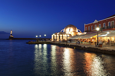 Lighthouse at Venetian port and Turkish Mosque Hassan Pascha at night, Chania, Crete, Greek Islands, Greece, Europe