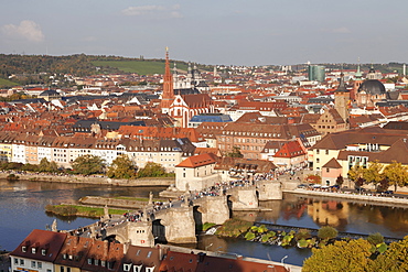 Old Bridge over the Main River, Augustinerkirche church, Grafeneckart Tower, townhall, Wurzburg, Franconia, Bavaria, Germany, Europe