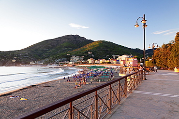 Promenade at the beach of Levanto at sunset, Riviera de Levanto, Cinque Terre, Liguria, Italy, Europe