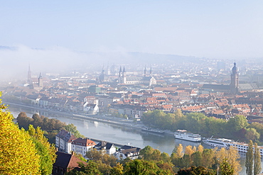 View over the Main River to the old town of Wurzburg in autumn, Franconia, Bavaria, Germany, Europe