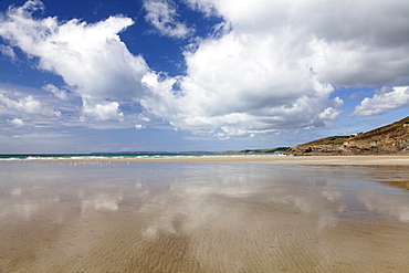 Clouds reflecting in the water at the beach of Pentrez Plage, Finistere, Brittany, France, Europe