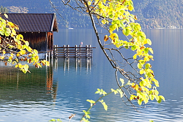 Boat house at Walchensee Lake in autumn, Bavarian Alps, Upper Bavaria, Bavaria, Germany, Europe