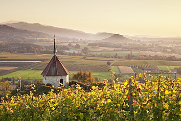 View over Ehrenstetten Oelbergkapelle Chapel to Staufen Castle, Breisgau, Markgraefler Land, Black Forest, Baden Wurttemberg, Germany, Europe