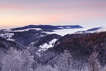 View from Black Forest Highway to Simonswaelder Tal Valley at sunset, Black Forest, Baden-Wurttemberg, Germany, Europe