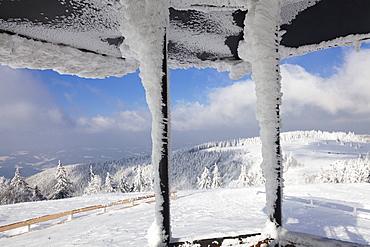 Hut at the peak of Kandel Mountain in winter, Black Forest, Baden-Wurttemberg, Germany, Europe