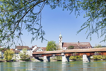 Historical wooden bridge and cathedral (Fridolinsmuenster), Bad Saeckingen, Rhine River, Hochrhein, Black Forest, Baden- Wurttemberg, Germany, Europe 