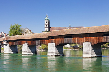 Historical wooden bridge and cathedral (Fridolinsmuenster), Bad Saeckingen, Rhine River, Hochrhein, Black Forest, Baden- Wurttemberg, Germany, Europe 