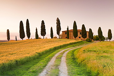 Farm house with cypress trees at sunset, near Pienza, Val d'Orcia (Orcia Valley), UNESCO World Heritage Site, Siena Province, Tuscany, Italy, Europe