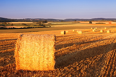 Hay bales at sunset, Swabian Alps, Baden-Wurttemberg, Germany, Europe