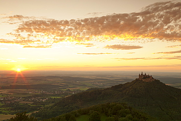 Burg Hohenzollern Castle at sunset, Hechingen, Swabian Alps, Baden-Wurttemberg, Germany, Europe