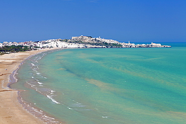 Castello beach, Vieste in the background, Gargano, Foggia Province, Puglia, Italy, Europe