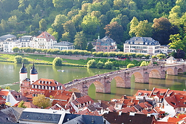 Old town with Karl-Theodor Bridge (Old Bridge) and gate, Neckar River, Heidelberg, Baden-Wurttemberg, Germany, Europe